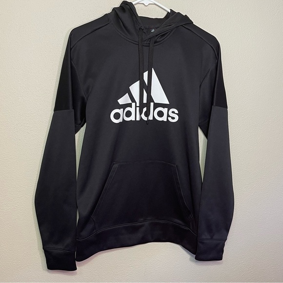 Adidas Black Hoodie With Large White Logo Pullover Sweatshirt Raglan Sleeves - Picture 10 of 16